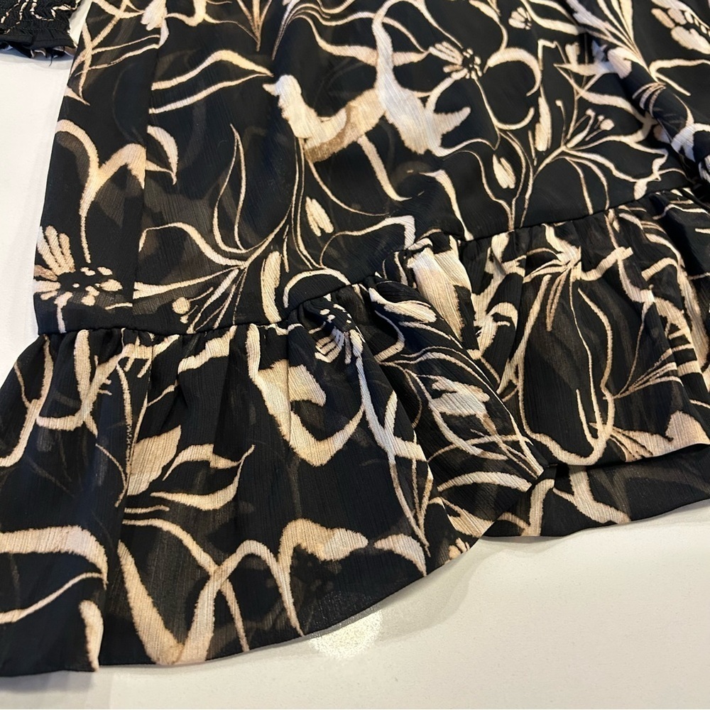 DKNY Black, Tan and Cream Floral Long Sleeve Chiffon Dress, Size 8, NWT - Picture 7 of 12